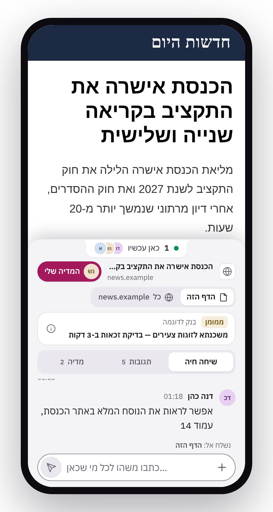 דף כתבה למעלה, ומתחתיו השיחה החיה של AddMedia